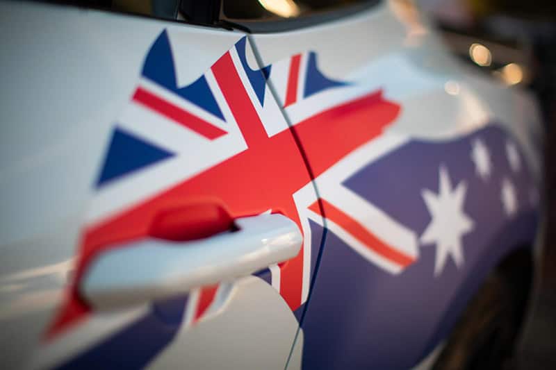 Australian Flag on the side of Ford Mustang Dark Horse R