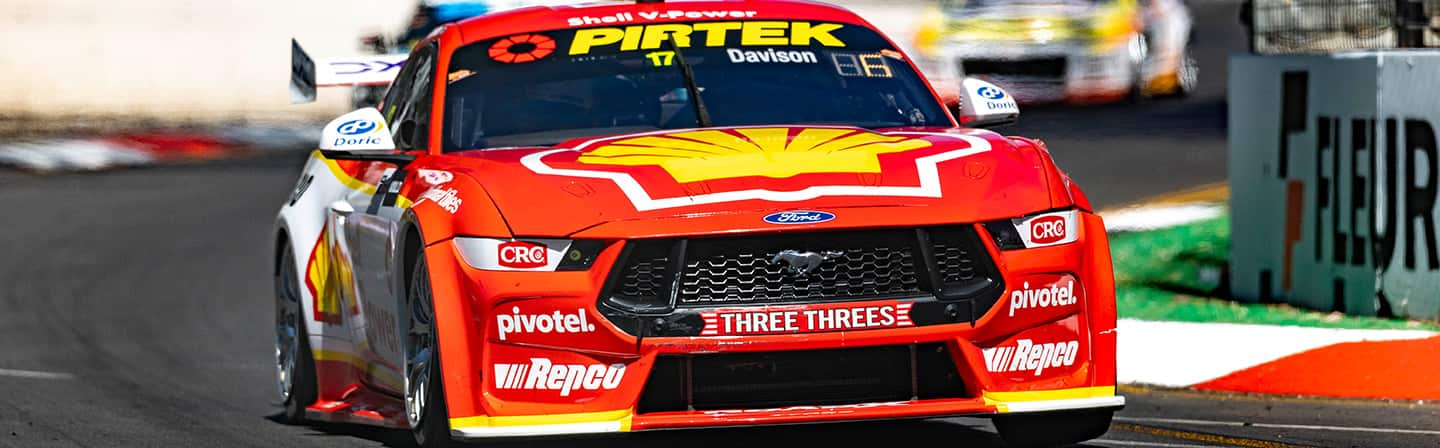 Will Davison’s red number 17 Ford Mustang Supercar race car on track