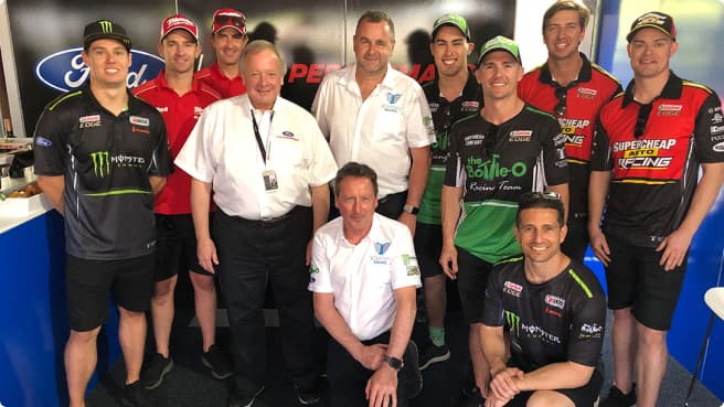 Team photo of Ford Performance race car drivers, coaches and enthusiasts