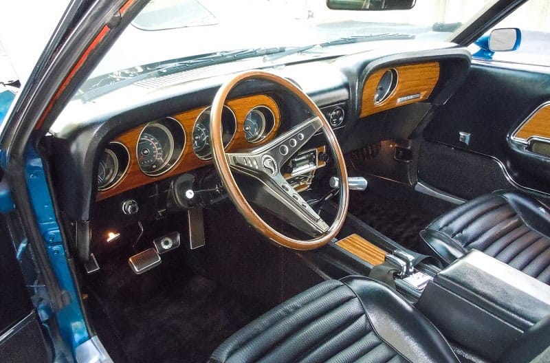Interior photo of wheel and dashboard inside 1969 Mustang Mach 1