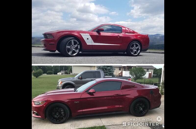 Side profile of 2015 Ruby Red 50th Anniversary Edition Mustang GT