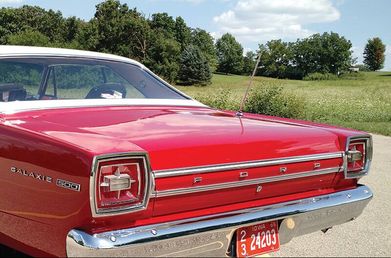 Rear view of the red 1966 Ford Galaxie 500