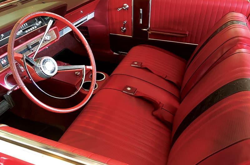 Red leather interior inside of the 1966 Ford Galaxie 500