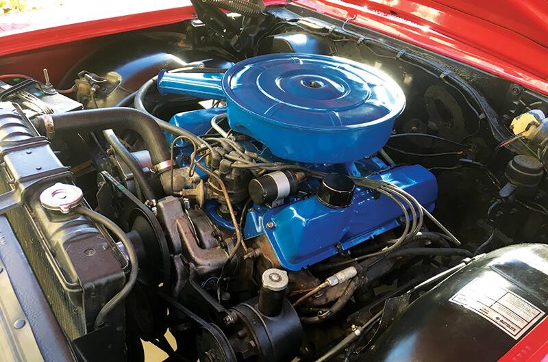 Close up of engine under the hood of the 1966 Ford Galaxie 500