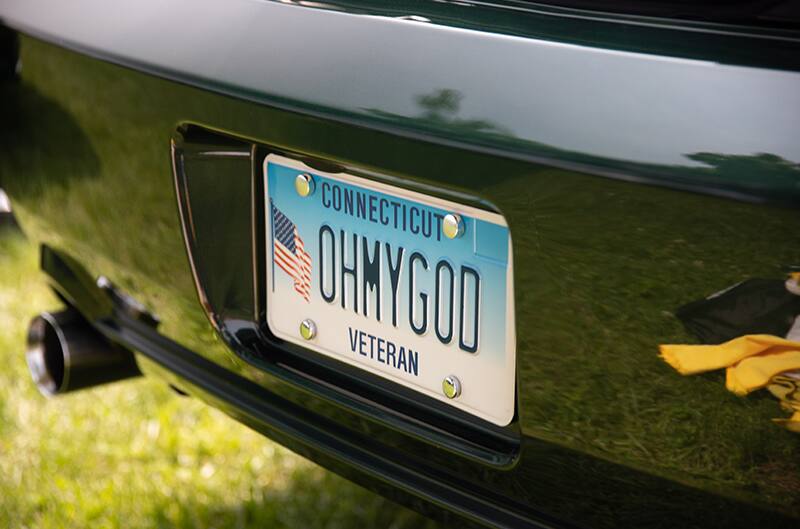 Close up of the personalized Connecticut license plate on the Mustang Bullitt