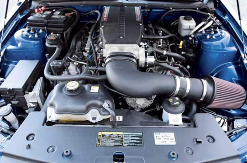 Photo of engine under the hood of the Honorary 2005 Mustang Cobra