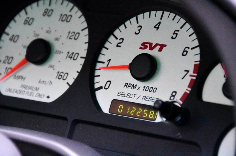 Photo of odometer inside 2004 SVT Mustang Cobra at 12,258 miles