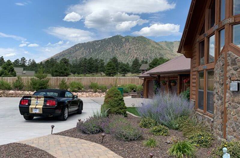 rear view of 2008 Shelby GT500 convertible parked next to house with mountain scenery