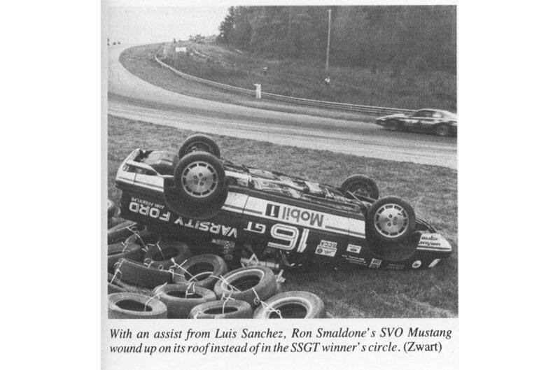 Black and white photo of Ron Smaldone's flipped SVO Mustang