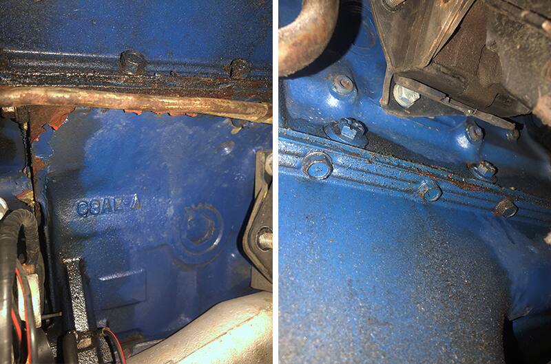 Side by side photos of the rusted side oiler