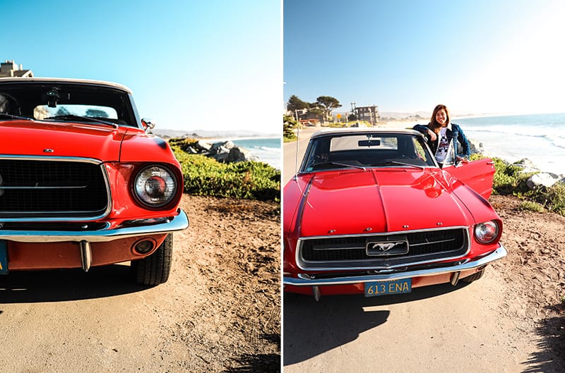 Side by side photos of front ends of the red Mustang with Gelcia posing next to it