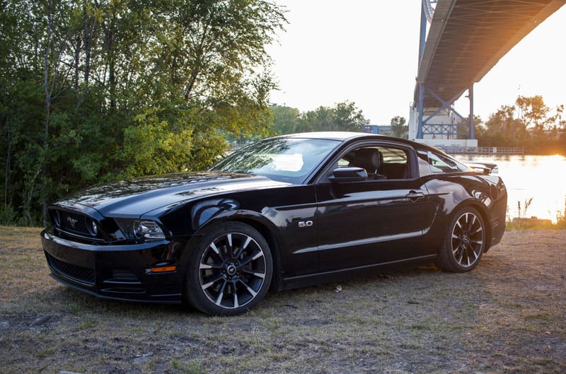 Profile of black Mustang GT parked on grass under a bridge