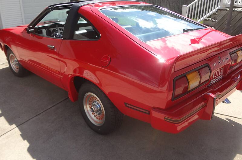 Driver side quarter panel view of Mustang II