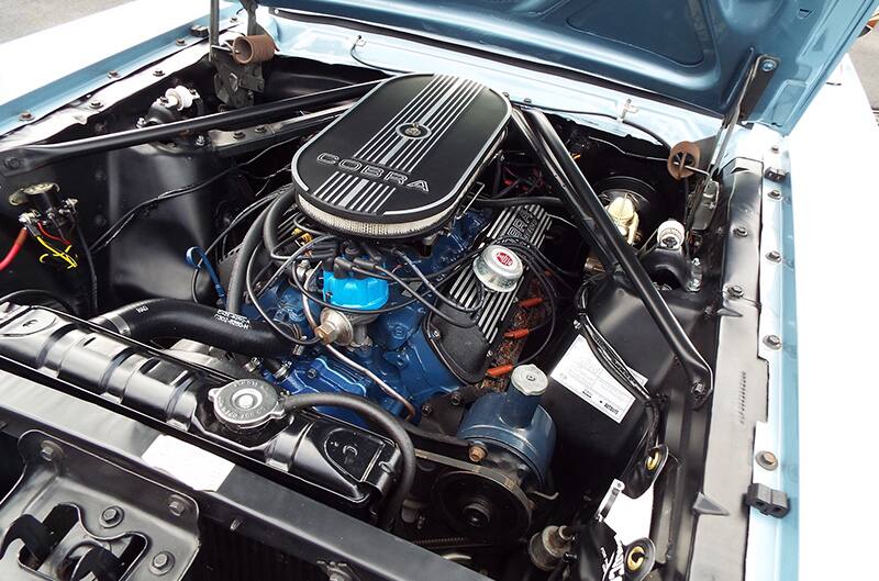 Engine bay of completed Mustang