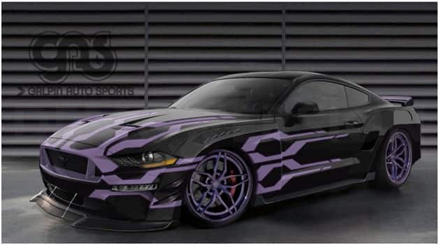 Profile of black and purple Mustang GT