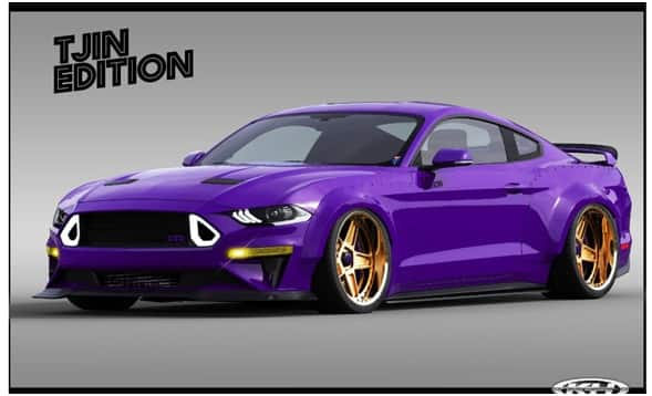 Front profile of a Tjin Edition purple Ecoboost Mustang