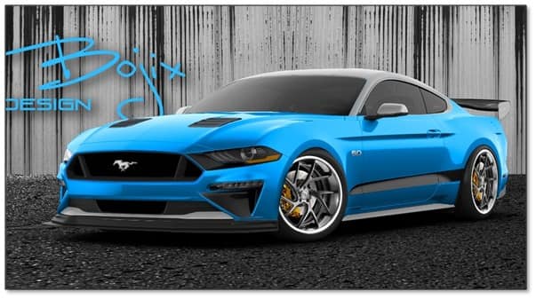 Front profile of a Bojix Design blue and silver Mustang GT