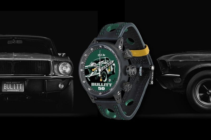 A graphic illustration that includes a Bullitt 50 watch and Bullitt vehicle models in the back