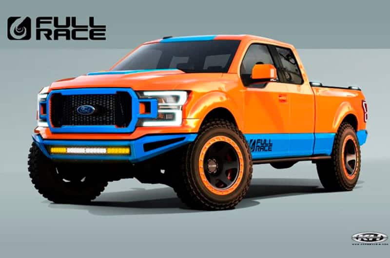 Front profile of an orange and blue F150 EcoBoost