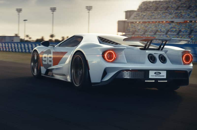 Rear of the Ford GT Heritage Edition on the track