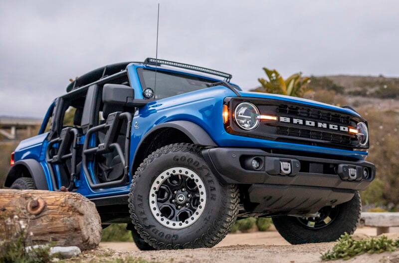 Lower angle shot of blue Bronco Riptide on the beach