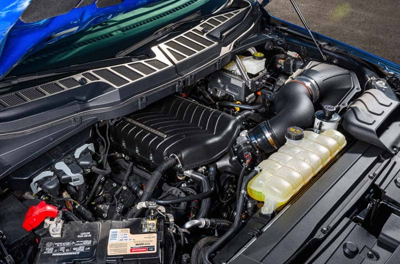 Engine bay of 2022 F150 with Ford Performance Supercharger