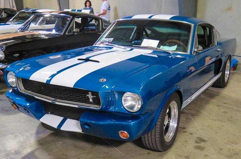 A closeup of a lineup of classic Ford Mustangs on display