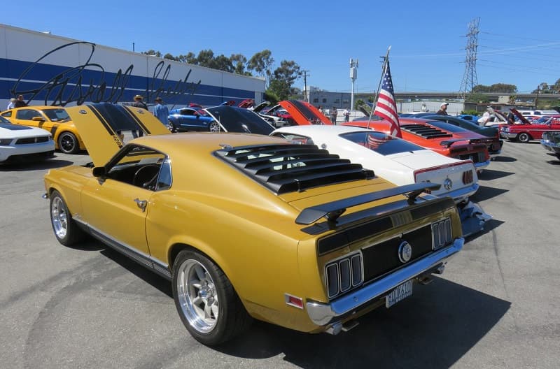 A rear side view of a dark yellow Mustang on display
