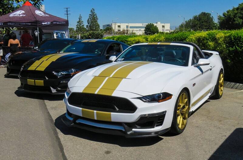 A closeup of a Mustang convertible on display