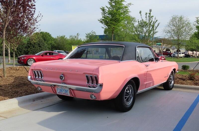 Rear of pink Mustang parked in lot outside