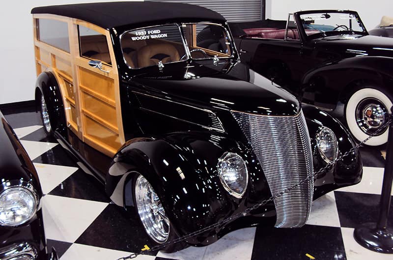 A front side view of a Ford Woody Wagon on display