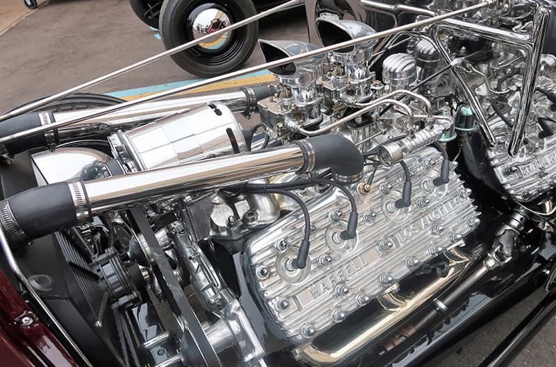 Close up of a V8 engine on a classic Ford