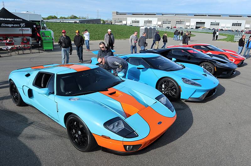 A lineup of Ford GTs on display