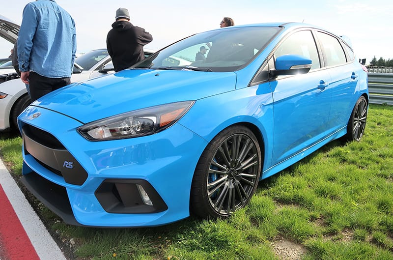 A front side view of a Ford Focus RS on display