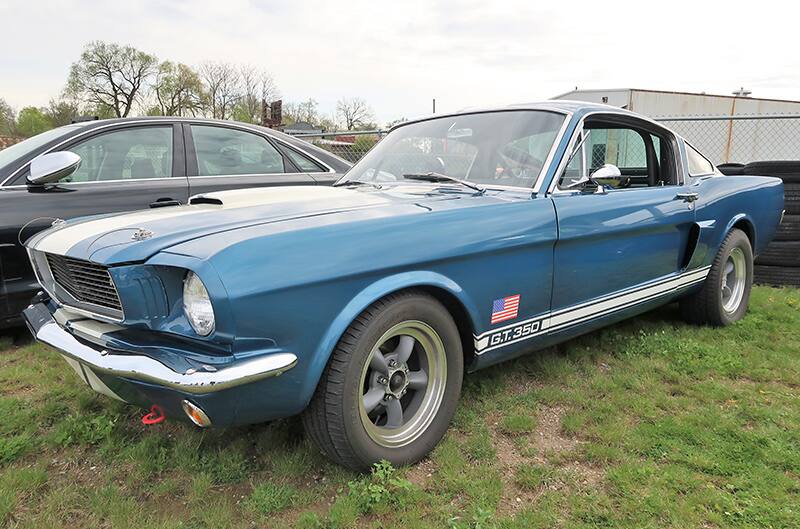 A front side view of a classic GT350 on display