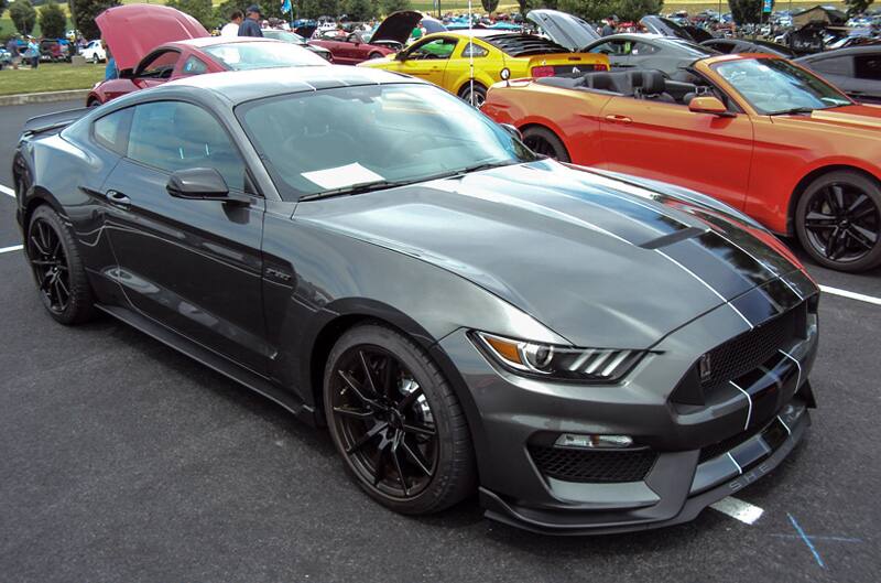 Front profile of a gray Shelby Mustang with black stripe in the parking lot