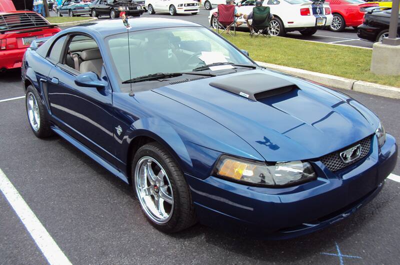 Front of a blue Mustang in the parking lot