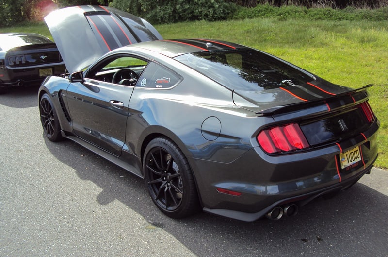 Rear profile of a dark gray Shelby Mustang with black stripes with hood open in parking lot