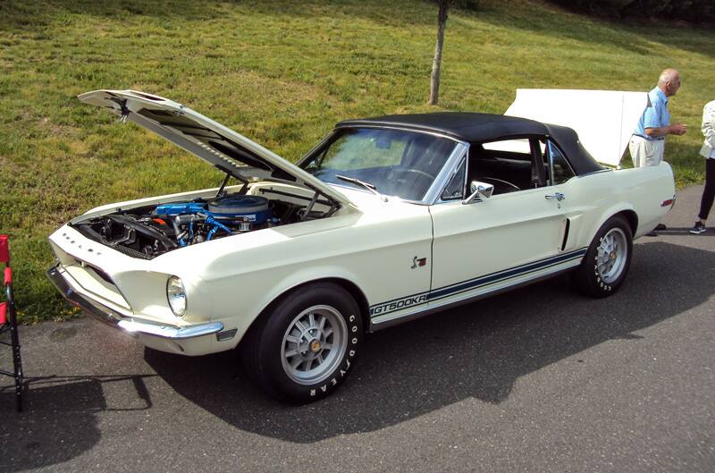 Profile of a white Shelby GT with hood and trunk open in parking lot