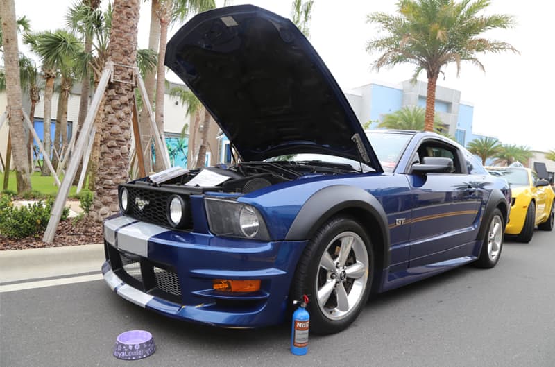 Front profile of a blue Mustang GT with hood open in the parking lot