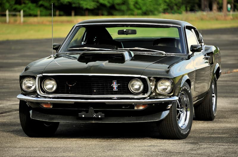 Front of black Mustang Boss 429 in parking lot