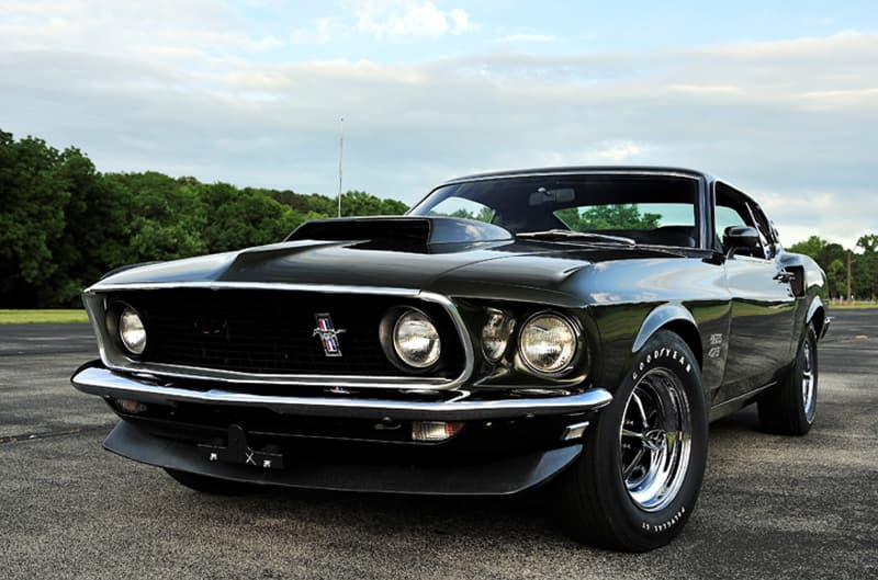 Close up front of black Mustang Boss 429 in parking lot