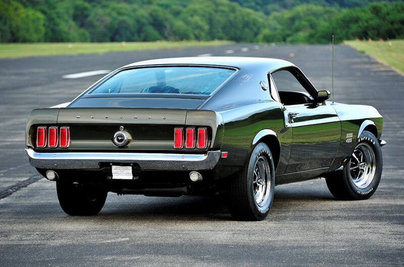 Rear of black Mustang Boss 429 in parking lot