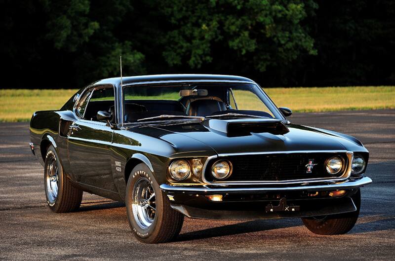 Front of black Mustang Boss 429 in parking lot