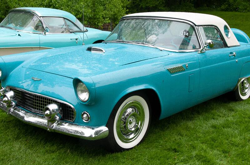 A front side view of a classic Thunderbird on display