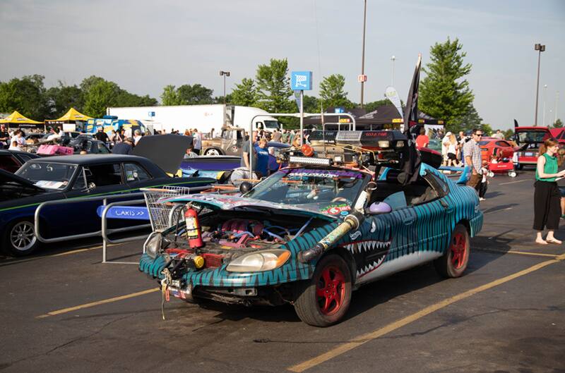 A shark themed vehicle on display