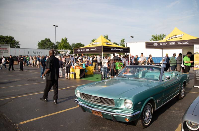 A classic light blue Mustang on display