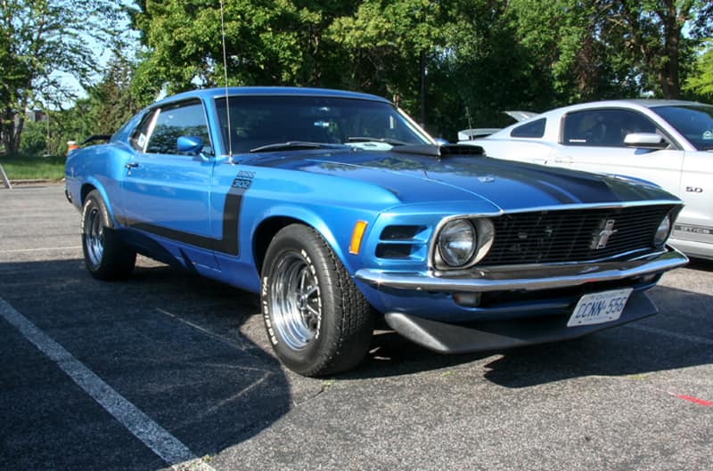 A classic blue Mustang Boss on display