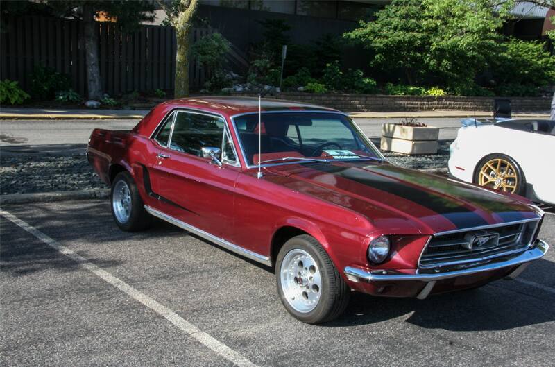 A red and black classic Mustang