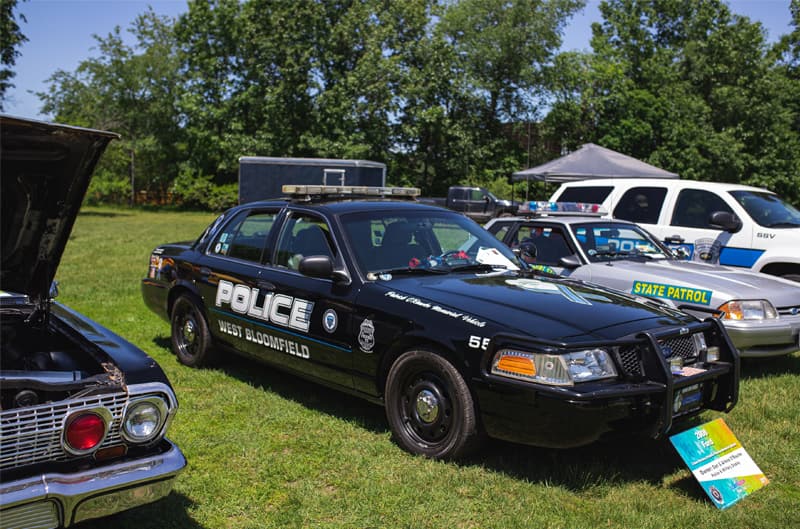 A front side view of a police vehicle on display